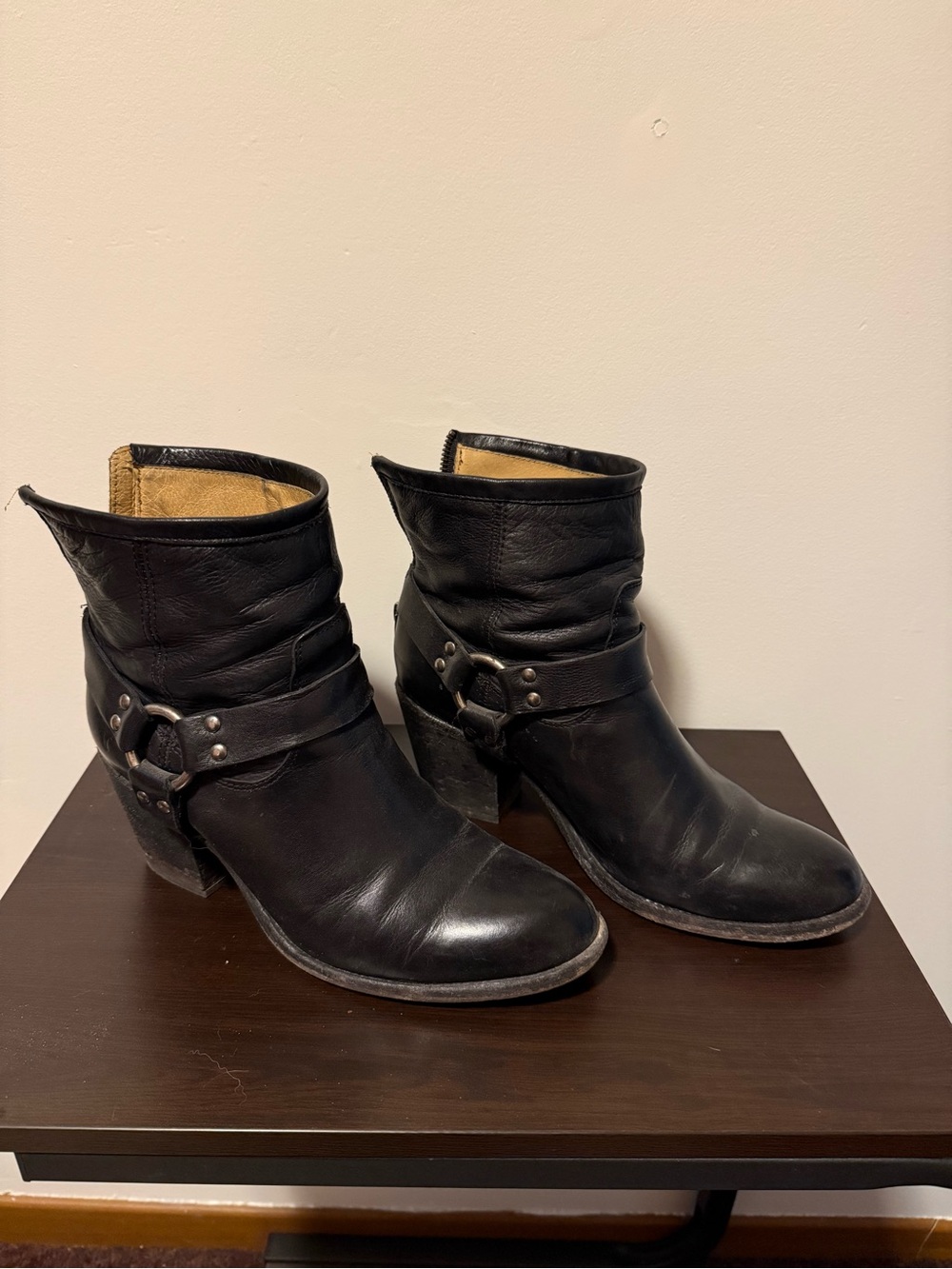 Frye Black Leather Harness Ankle Boots